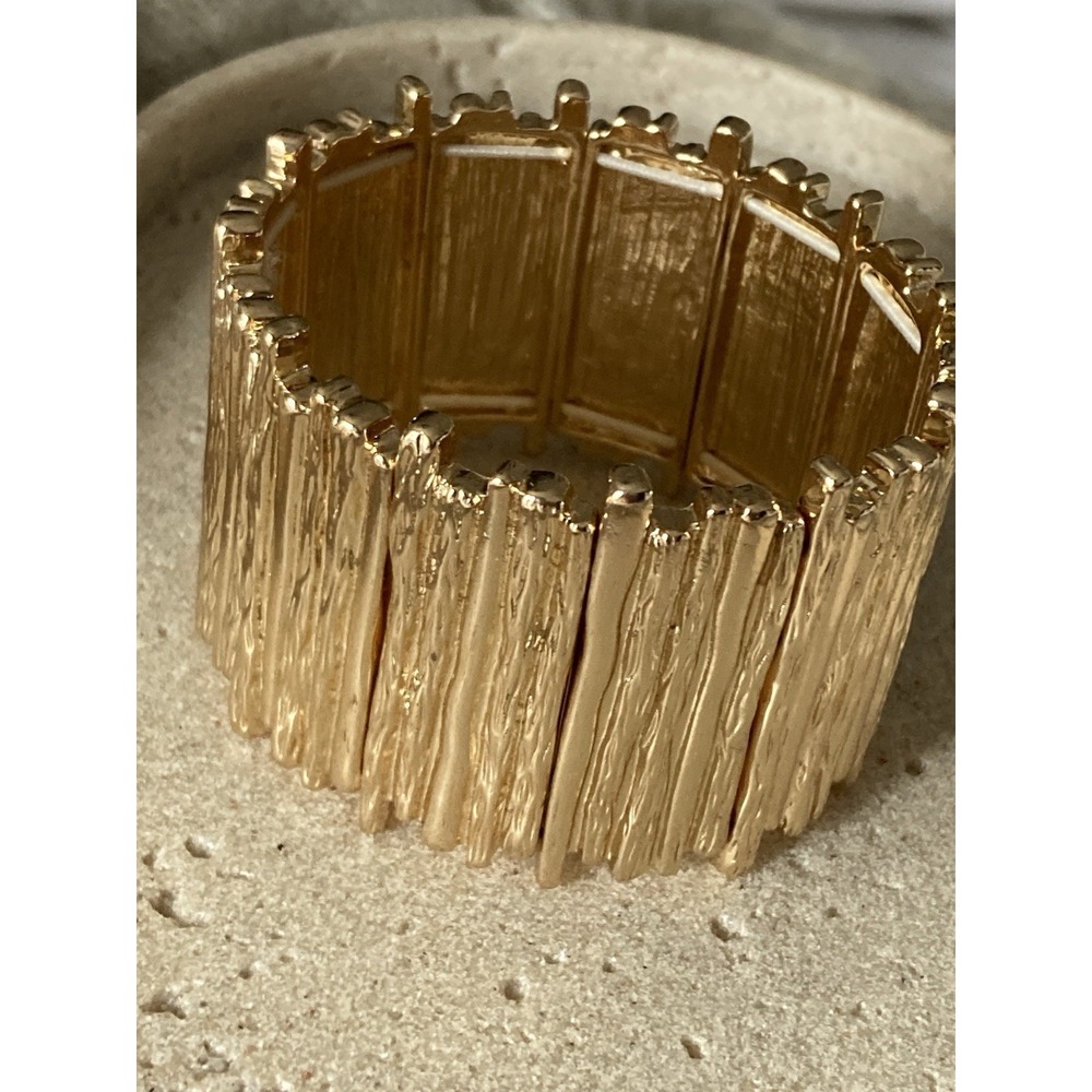Gold Tone‎ Textured Panel Stretch Bracelet Wide Statement Modernist Bark Finish